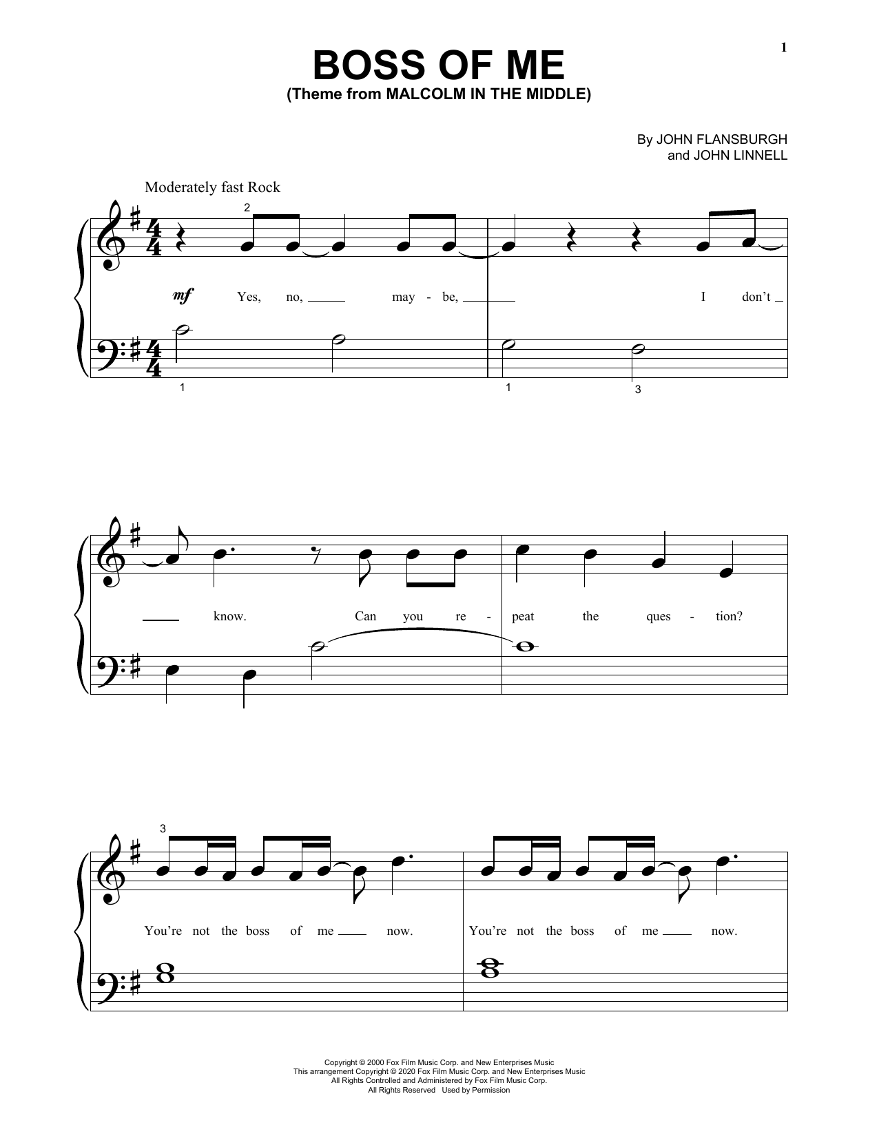 John Flansburgh & John Linnell Boss Of Me (Theme From Malcolm In The Middle) sheet music notes and chords. Download Printable PDF.