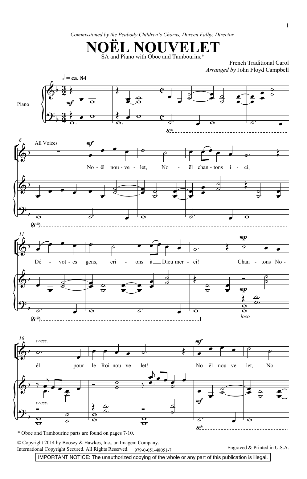 John Floyd Campbell Noel Nouvelet sheet music notes and chords. Download Printable PDF.