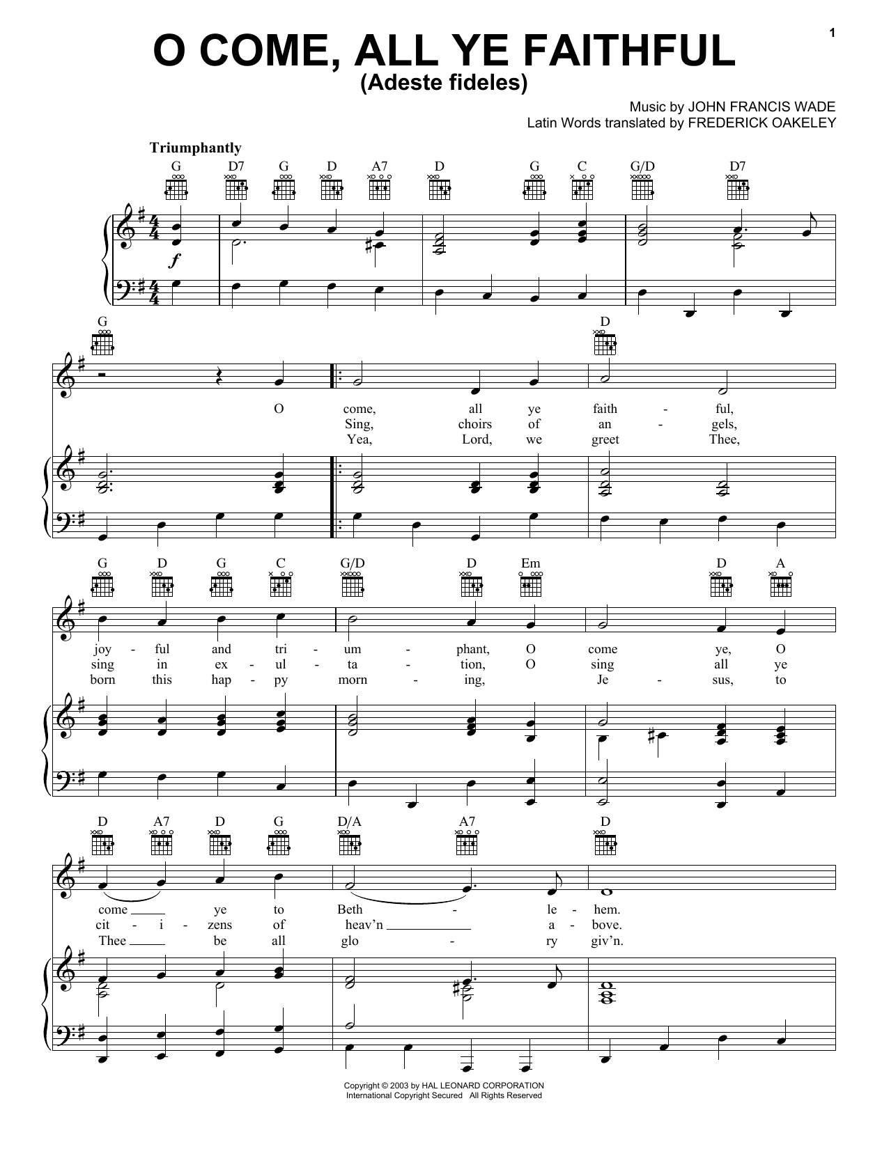 John Francis Wade O Come, All Ye Faithful (Adeste Fideles) sheet music notes and chords arranged for Easy Piano