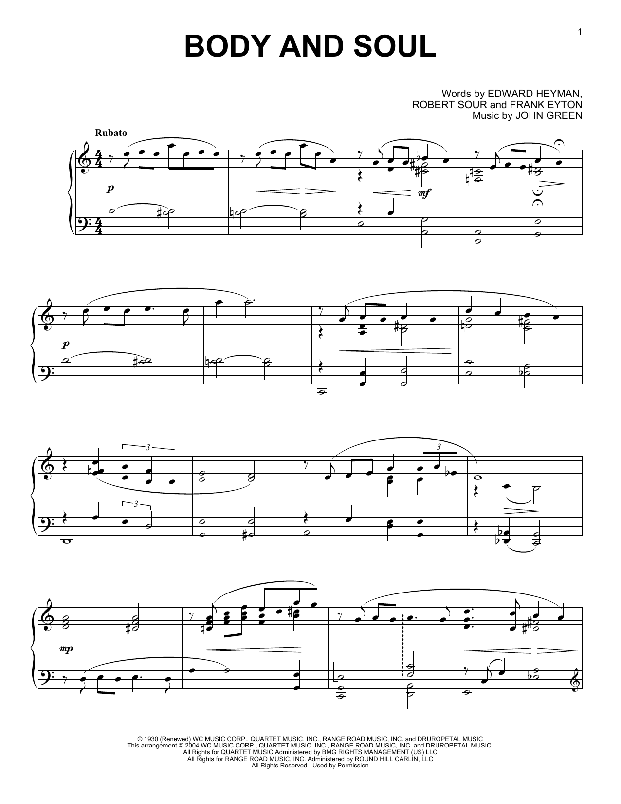 Edward Heyman Body And Soul sheet music notes and chords arranged for Piano Solo