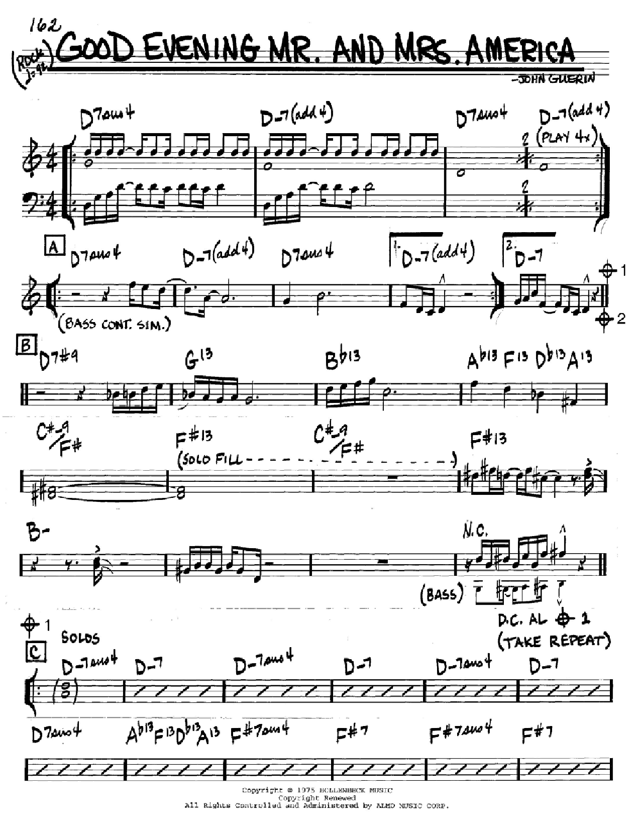 Learn to play John Guerin Good Evening Mr. And Mrs. America sheet music for Real Book – Melody & Chords – Eb Instruments in minutes. Price: 5.9900$ John Guerin Good Evening Mr. And Mrs. America sheet music notes and chords arranged for Real Book – Melody & Chords – Eb Instruments