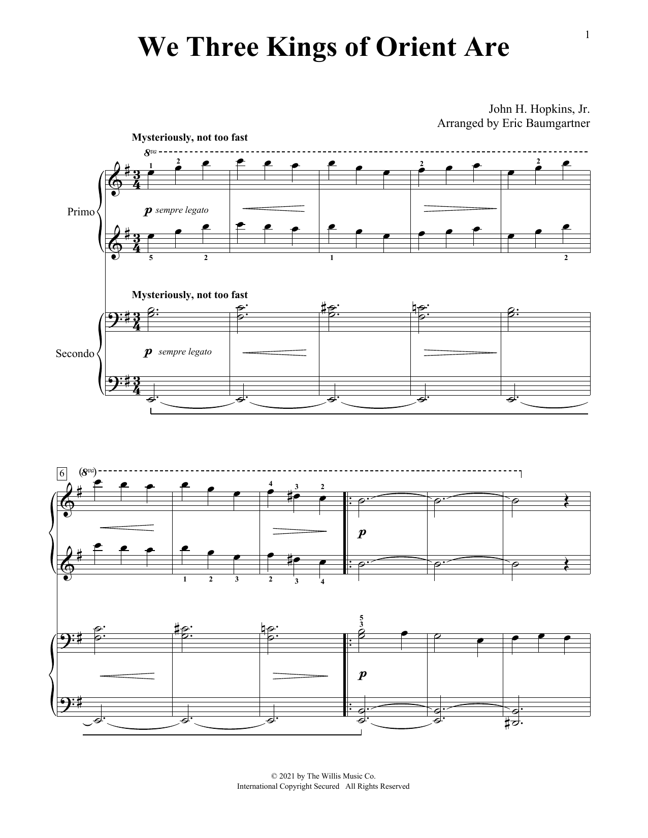 Learn to play John H. Hopkins, Jr. We Three Kings Of Orient Are (arr. Eric Baumgartner) sheet music for Piano Duet in minutes. Price: 7.8900$ John H. Hopkins, Jr. We Three Kings Of Orient Are (arr. Eric Baumgartner) sheet music notes and chords arranged for Piano Duet
