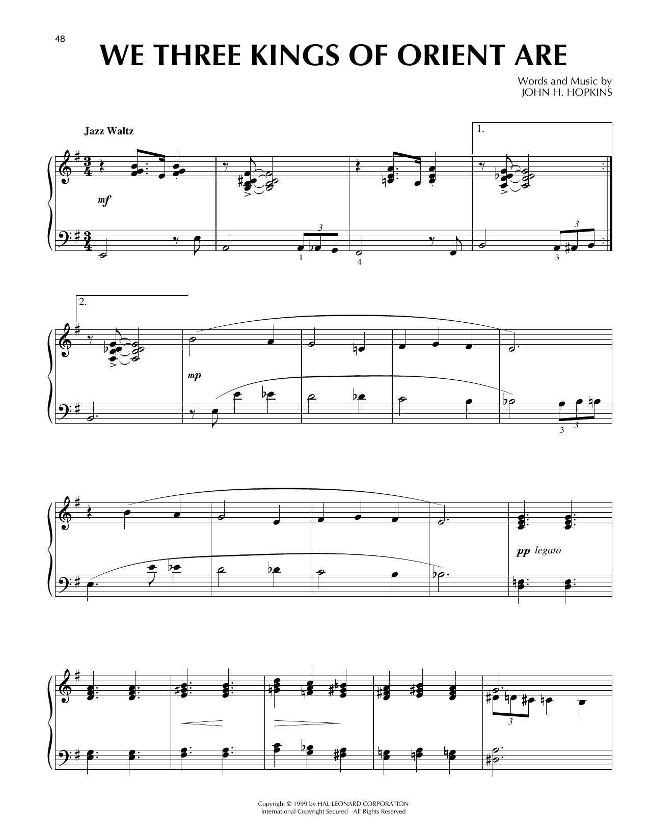 John H. Hopkins, Jr. We Three Kings Of Orient Are [Jazz version] (arr. Frank Mantooth) sheet music notes and chords arranged for Piano Solo