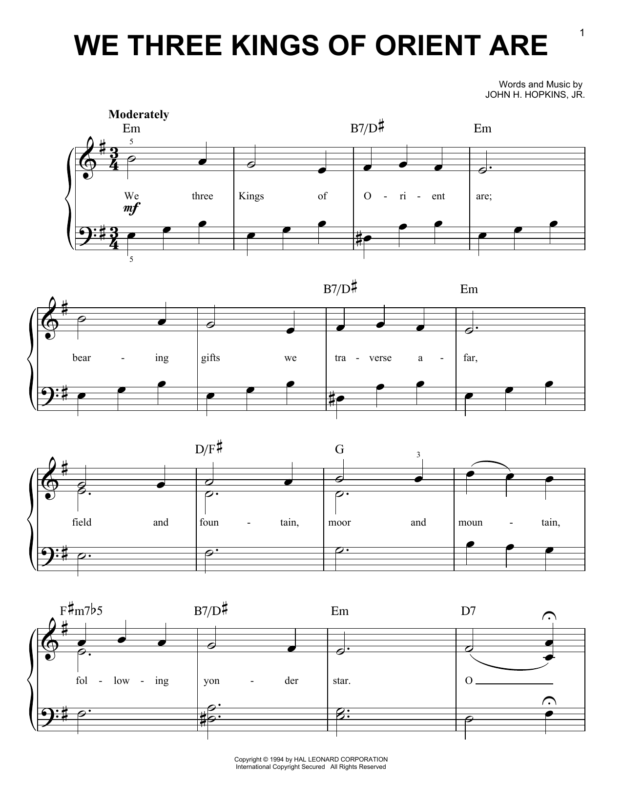 Christmas Carol We Three Kings Of Orient Are sheet music notes and chords arranged for 5-Finger Piano