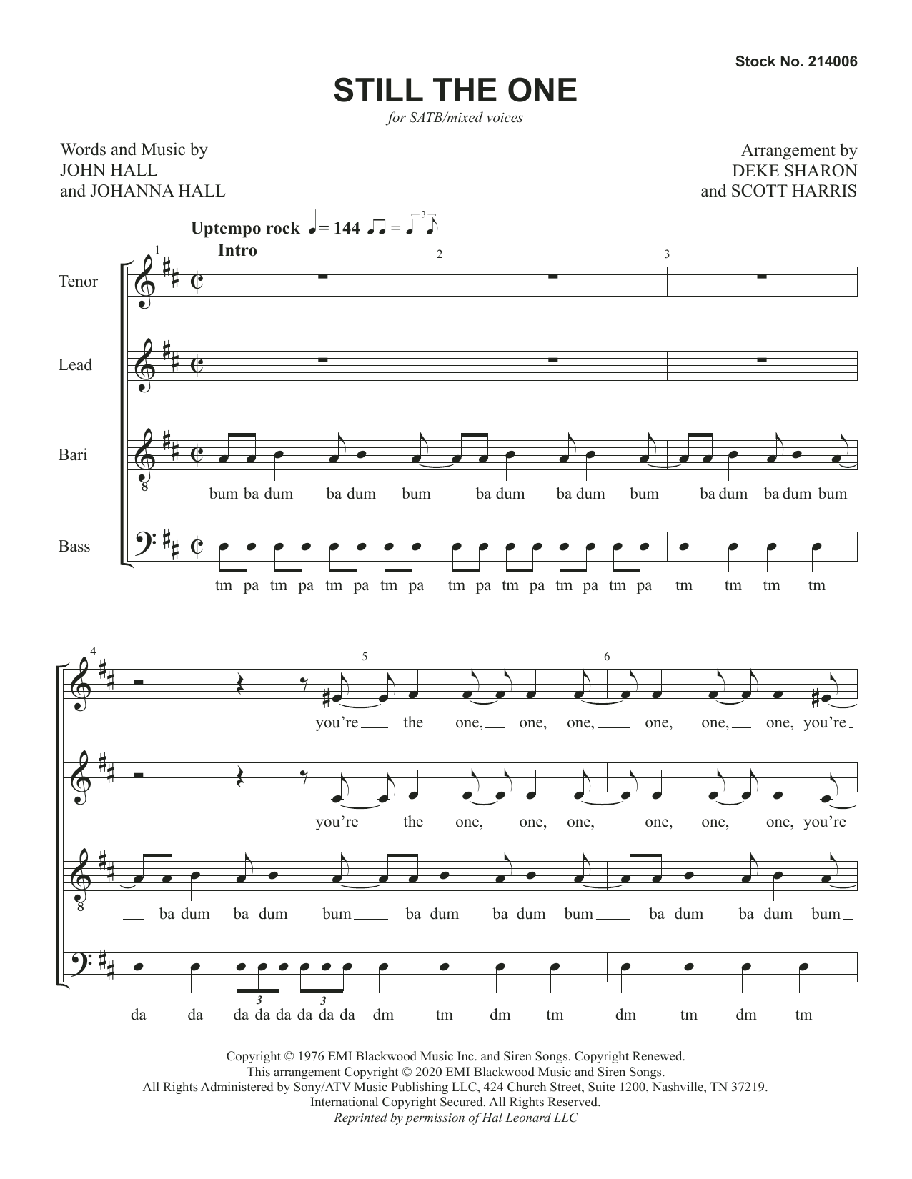 Learn to play John Hall & Johanna Hall Still The One (arr. Deke Sharon & Scott Harris) sheet music for SSAA Choir in minutes. Price: 3.9900$ John Hall & Johanna Hall Still The One (arr. Deke Sharon & Scott Harris) sheet music notes and chords arranged for SSAA Choir