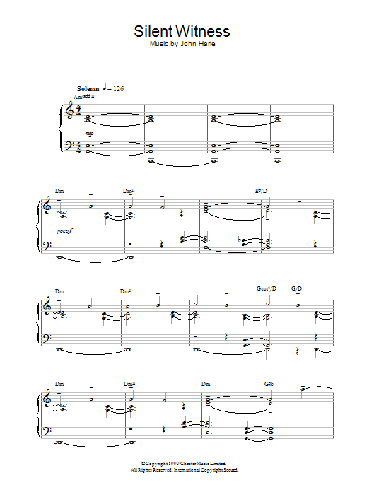 Learn to play John Harle Silent Witness sheet music for Piano Solo in minutes. Price: 7.8900$ John Harle Silent Witness sheet music notes and chords arranged for Piano Solo