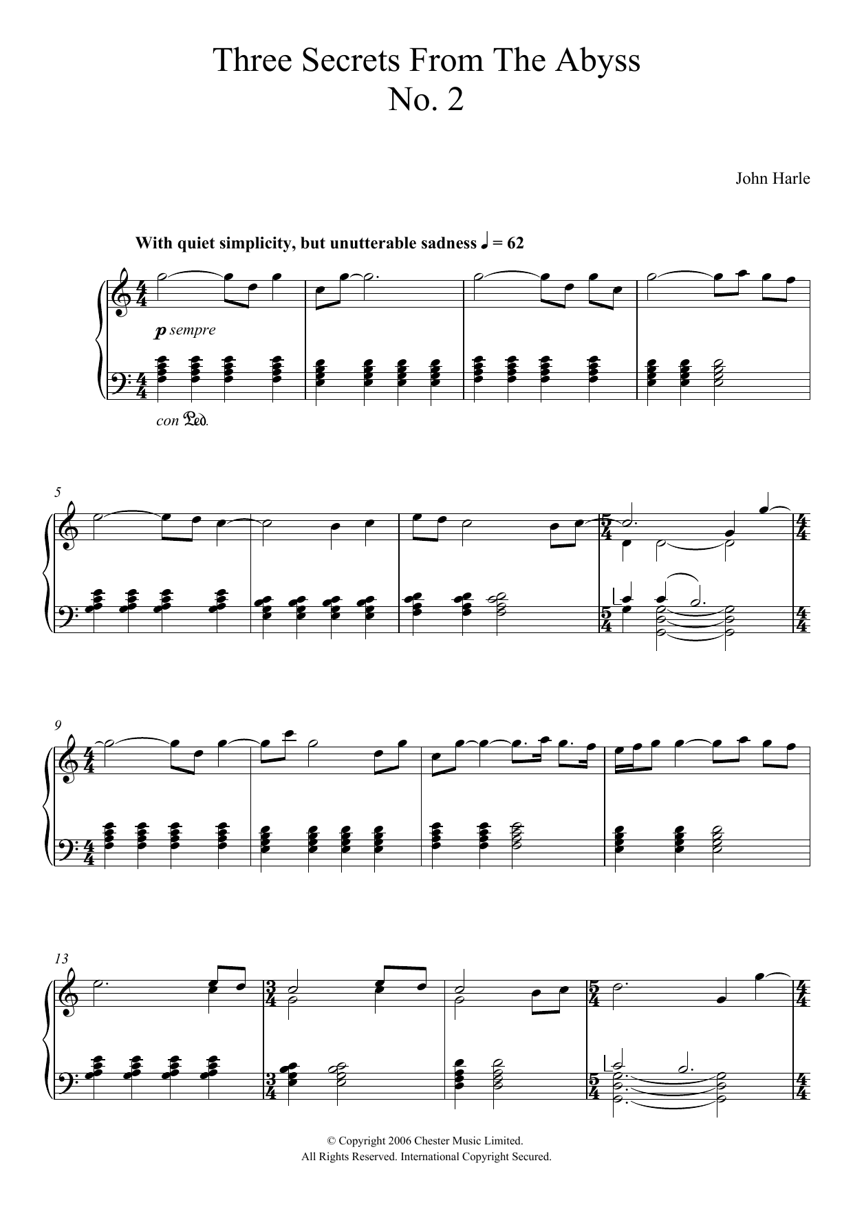Learn to play John Harle Three Secrets From The Abyss - No. 2 sheet music for Piano Solo in minutes. Price: 7.8900$ John Harle Three Secrets From The Abyss - No. 2 sheet music notes and chords arranged for Piano Solo