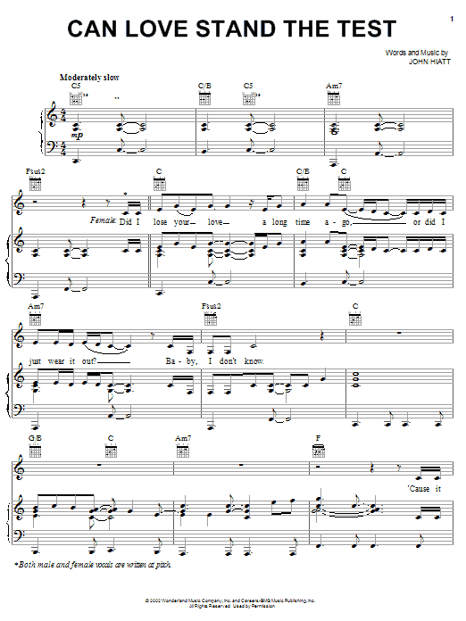 Learn to play John Hiatt Can Love Stand The Test (from The Country Bears) sheet music for Piano, Vocal & Guitar Chords (Right-Hand Melody) in minutes. Price: 7.8900$ John Hiatt Can Love Stand The Test (from The Country Bears) sheet music notes and chords arranged for Piano, Vocal & Guitar Chords (Right-Hand Melody)