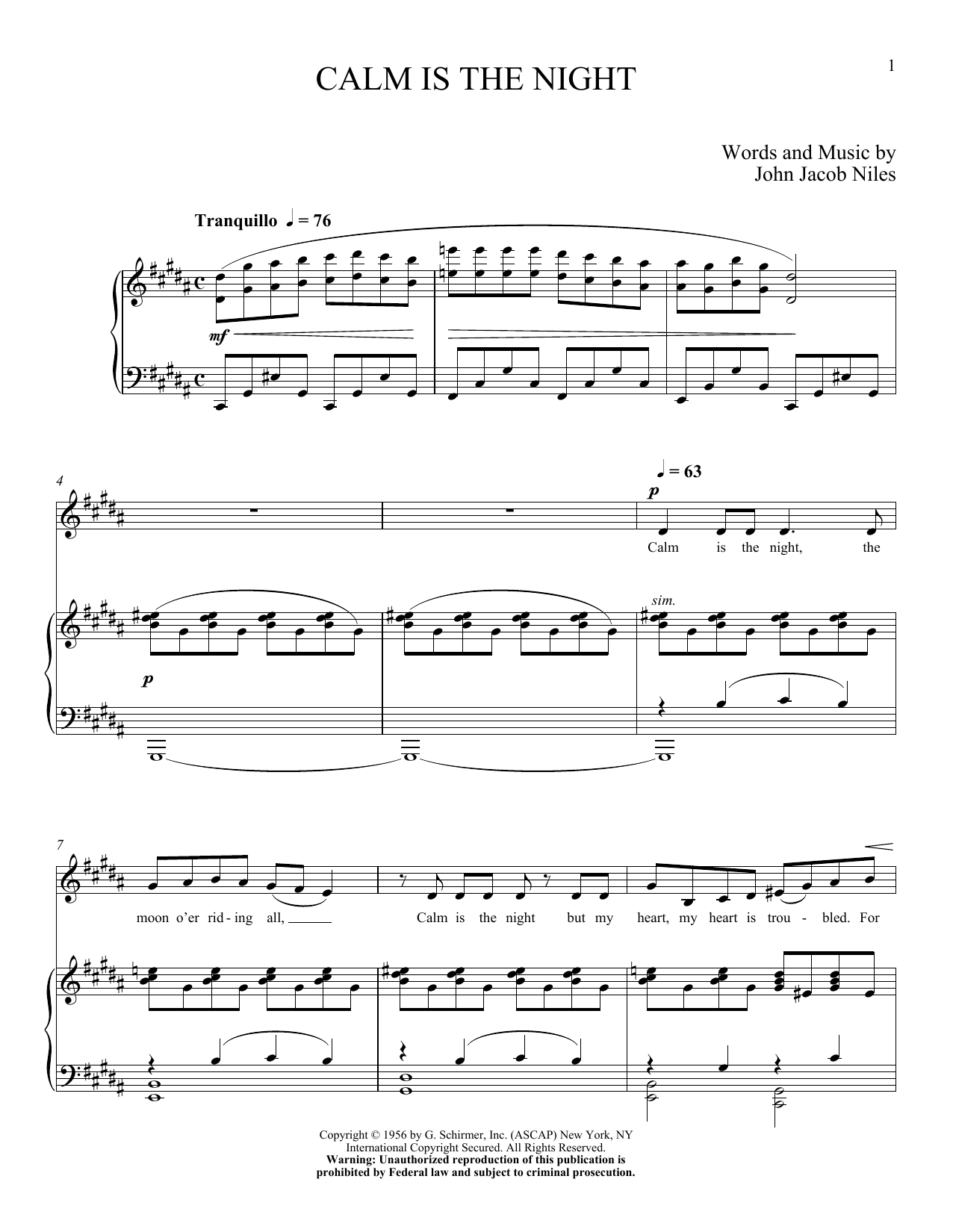 John Jacob Niles Calm Is The Night sheet music notes and chords. Download Printable PDF.