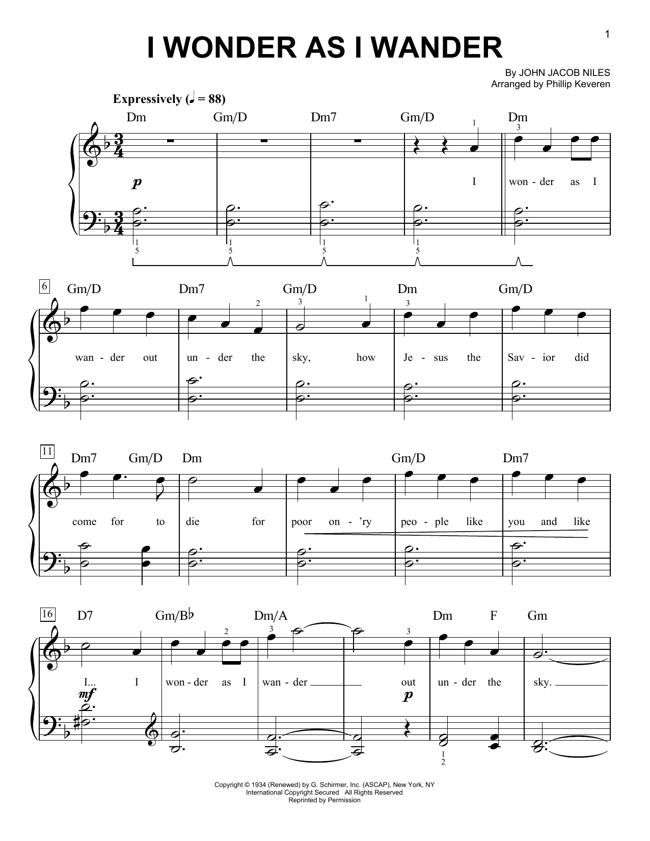 John Jacob Niles I Wonder As I Wander (arr. Phillip Keveren) sheet music notes and chords. Download Printable PDF.