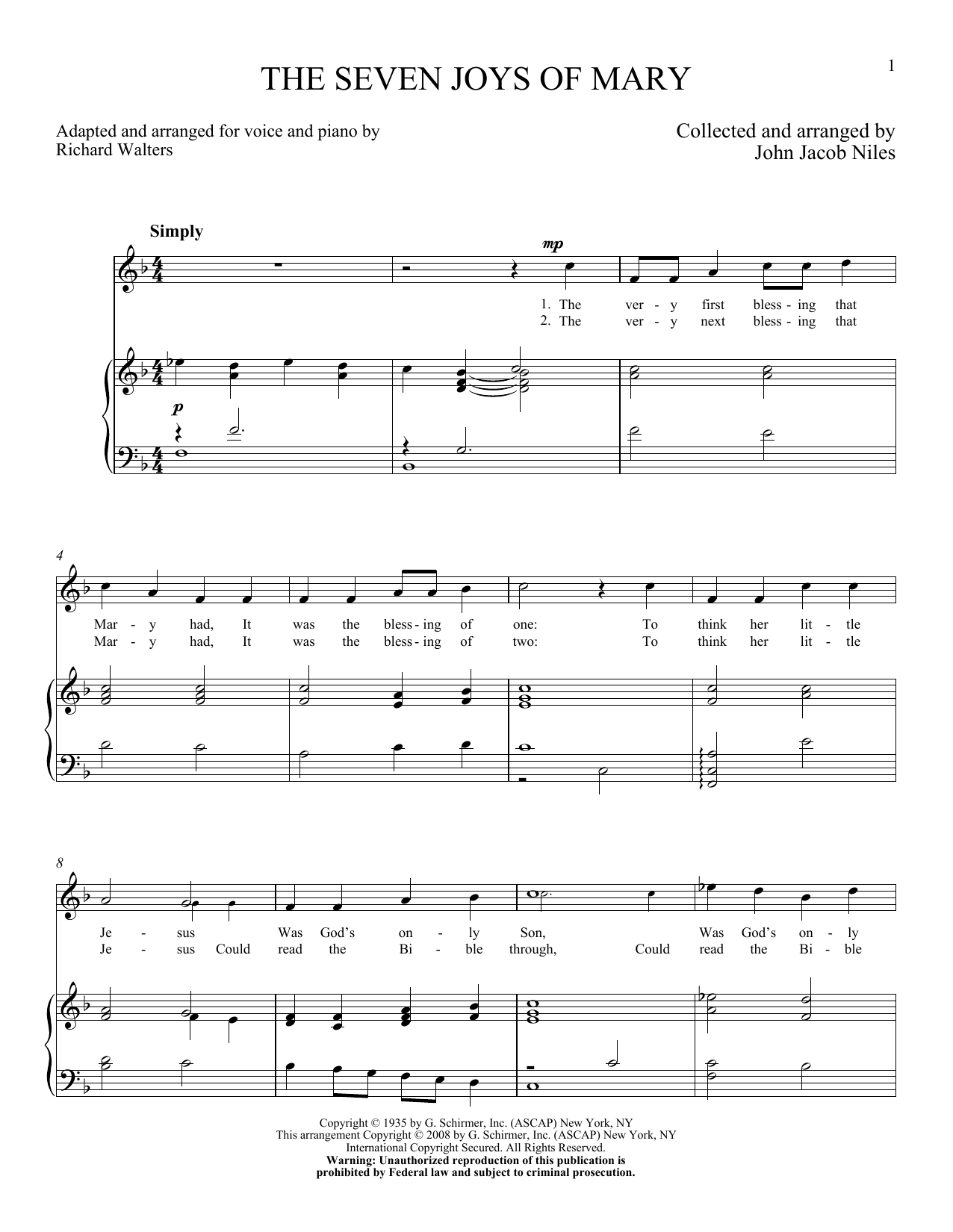 Learn to play John Jacob Niles The Seven Joys Of Mary sheet music for Piano & Vocal in minutes. Price: 7.8900$ John Jacob Niles The Seven Joys Of Mary sheet music notes and chords arranged for Piano & Vocal