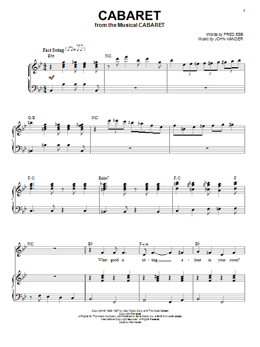 Learn to play John Kander Cabaret sheet music for Piano & Vocal in minutes. Price: 7.8900$ John Kander Cabaret sheet music notes and chords arranged for Piano & Vocal