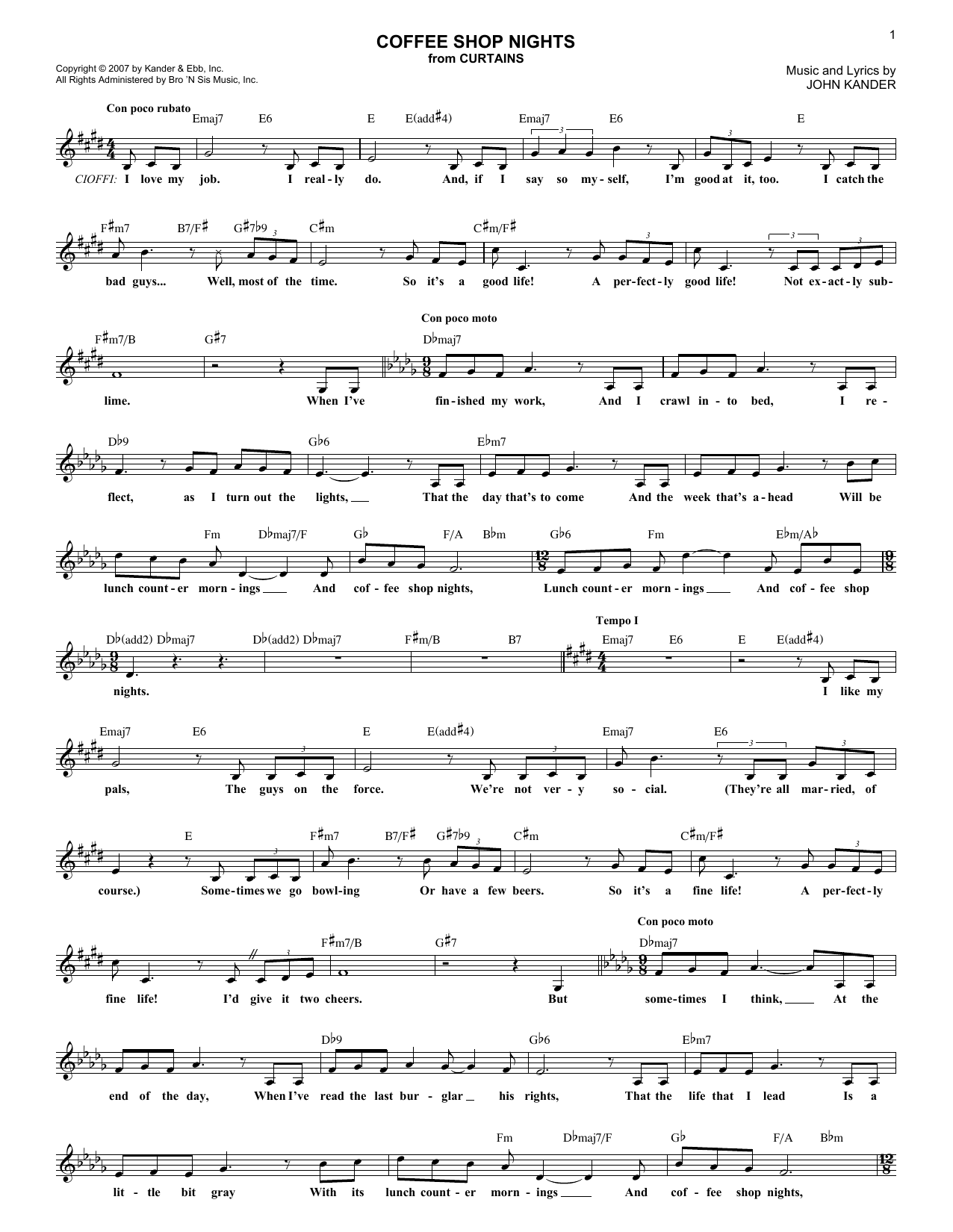 Learn to play John Kander Coffee Shop Nights sheet music for Lead Sheet / Fake Book in minutes. Price: 5.9900$ John Kander Coffee Shop Nights sheet music notes and chords arranged for Lead Sheet / Fake Book