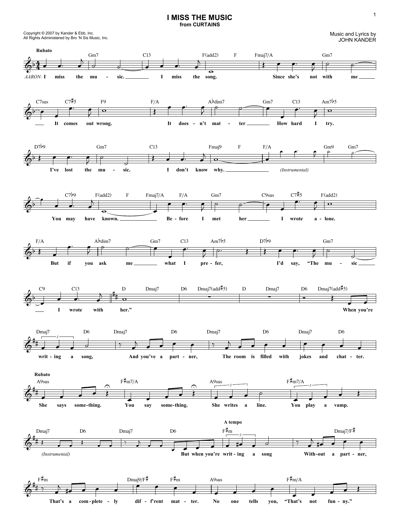 Learn to play John Kander I Miss The Music sheet music for Lead Sheet / Fake Book in minutes. Price: 5.9900$ John Kander I Miss The Music sheet music notes and chords arranged for Lead Sheet / Fake Book
