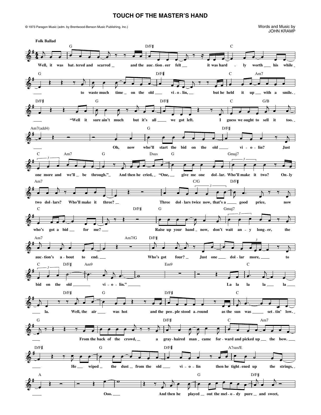 John Kramp The Touch Of The Master's Hand sheet music notes and chords. Download Printable PDF.