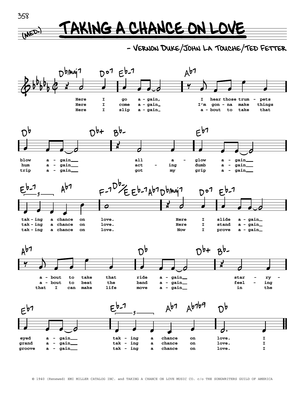 Learn to play John La Touche Taking A Chance On Love (High Voice) sheet music for Real Book – Melody, Lyrics & Chords in minutes. Price: 5.9900$ John La Touche Taking A Chance On Love (High Voice) sheet music notes and chords arranged for Real Book – Melody, Lyrics & Chords