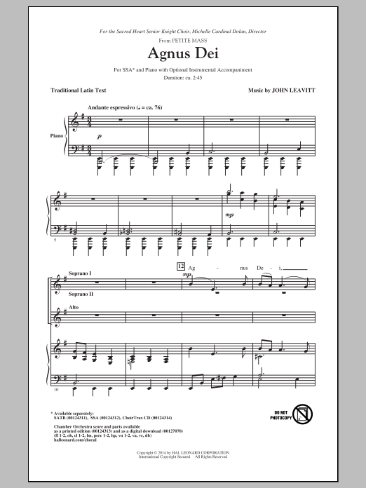 John Leavitt Agnus Dei (from Petite Mass) sheet music notes and chords. Download Printable PDF.