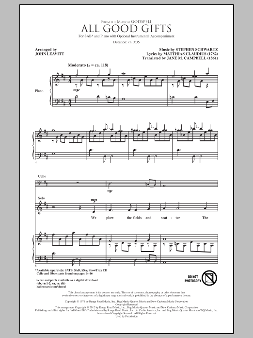 Stephen Schwartz All Good Gifts (from Godspell) (arr. John Leavitt) sheet music notes and chords. Download Printable PDF.