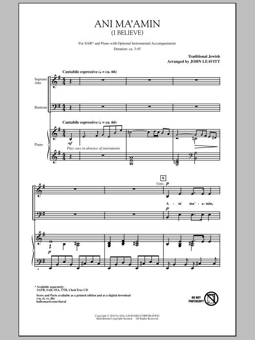 Learn to play John Leavitt Ani Ma'amin (I Believe) sheet music for SAB Choir in minutes. Price: 3.9900$ John Leavitt Ani Ma'amin (I Believe) sheet music notes and chords arranged for SAB Choir
