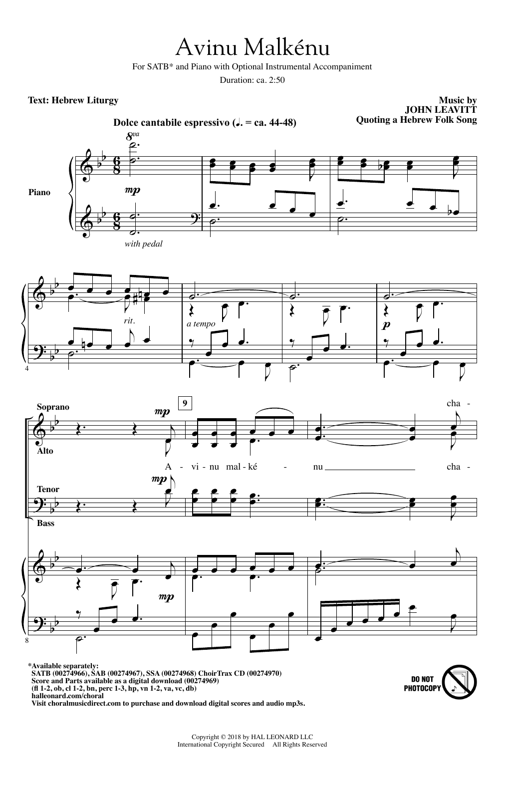 John Leavitt Avinu Malkenu sheet music notes and chords. Download Printable PDF.