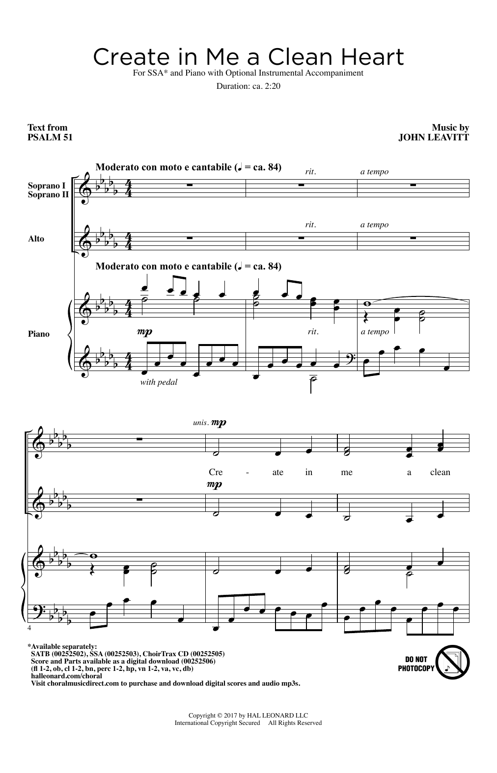 Learn to play John Leavitt Create In Me A Clean Heart sheet music for SSA Choir in minutes. Price: 3.9900$ John Leavitt Create In Me A Clean Heart sheet music notes and chords arranged for SSA Choir