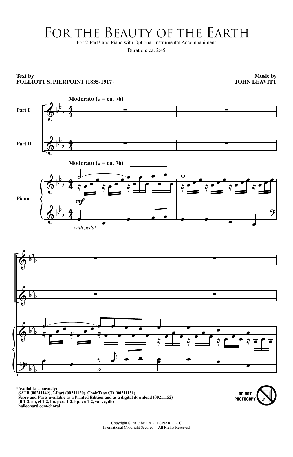 Learn to play John Leavitt For The Beauty Of The Earth sheet music for 2-Part Choir in minutes. Price: 3.9900$ John Leavitt For The Beauty Of The Earth sheet music notes and chords arranged for 2-Part Choir