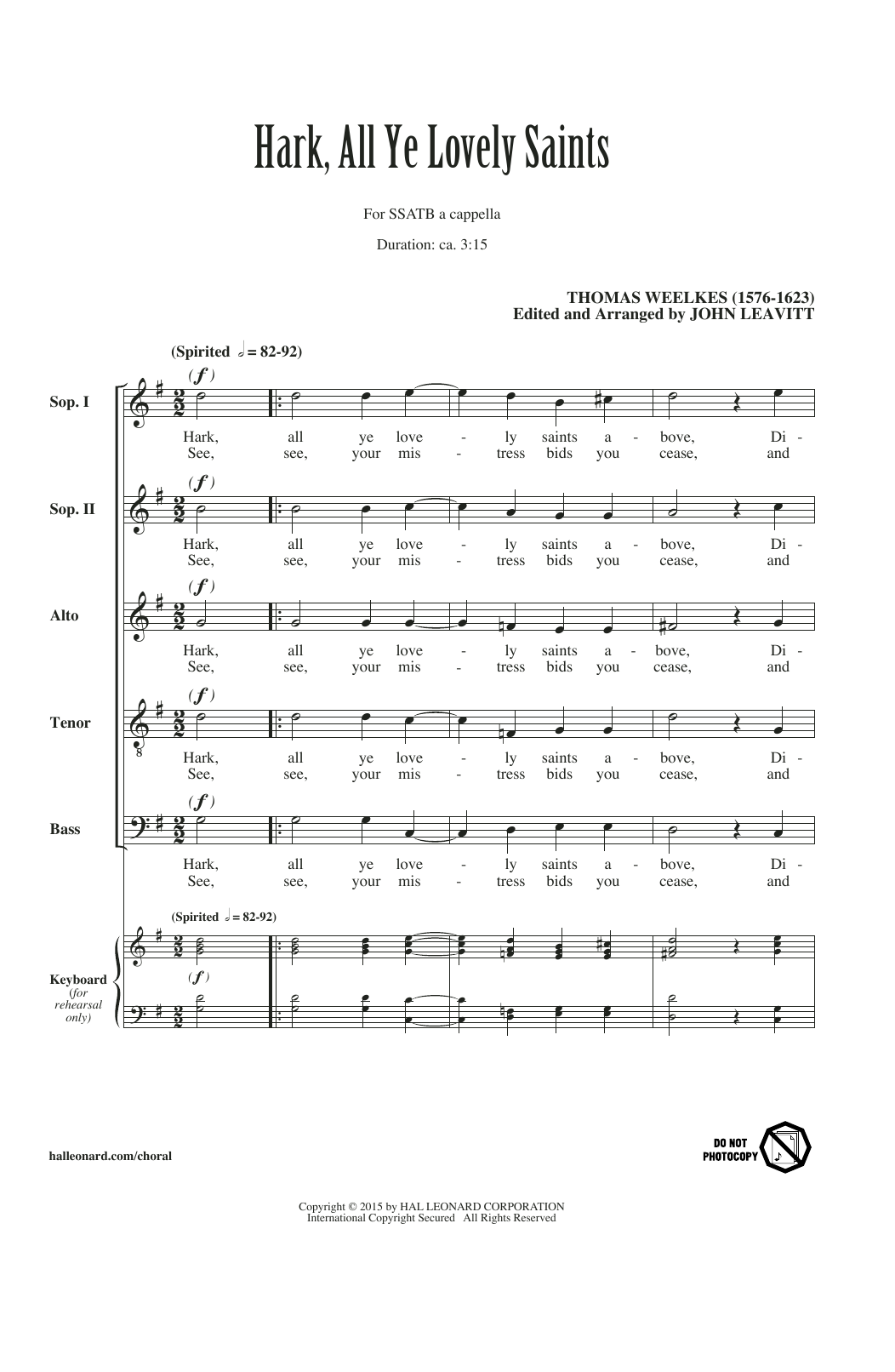 Thomas Weelkes Hark All Ye Lovely Saints (arr. John Leavitt) sheet music notes and chords. Download Printable PDF.