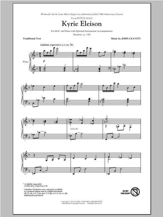 Learn to play John Leavitt Kyrie Eleison (from Petite Mass) sheet music for SSA Choir in minutes. Price: 3.9900$ John Leavitt Kyrie Eleison (from Petite Mass) sheet music notes and chords arranged for SSA Choir