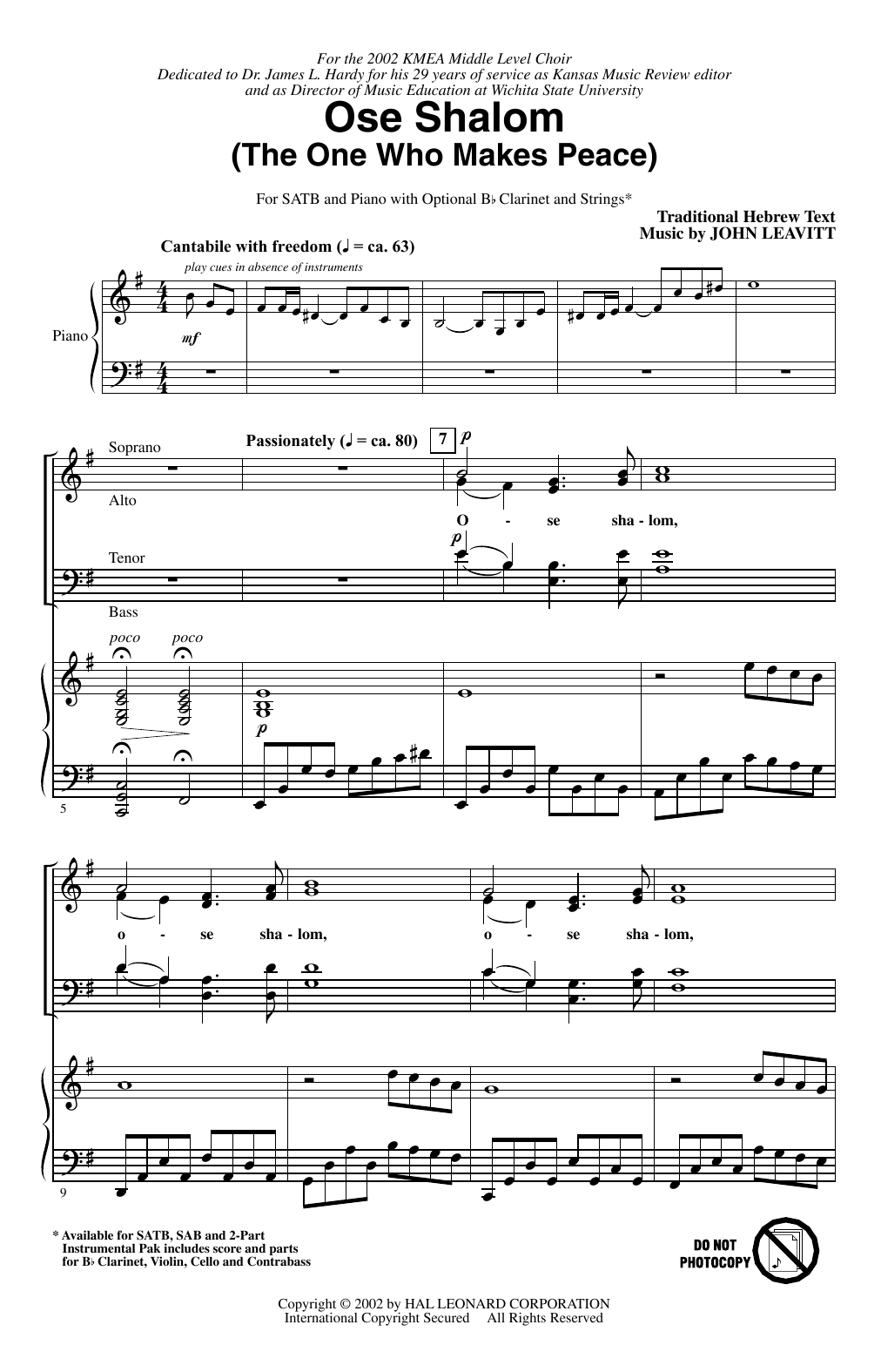 John Leavitt Ose Shalom (The One Who Makes Peace) sheet music notes and chords. Download Printable PDF.