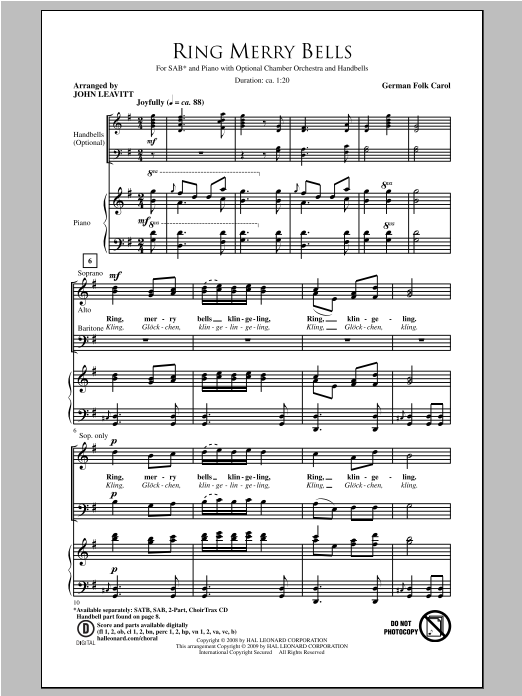 Traditional Carol Ring Merry Bells (arr. John Leavitt) sheet music notes and chords. Download Printable PDF.