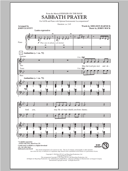 John Leavitt Sabbath Prayer (from Fiddler On The Roof) sheet music notes and chords. Download Printable PDF.