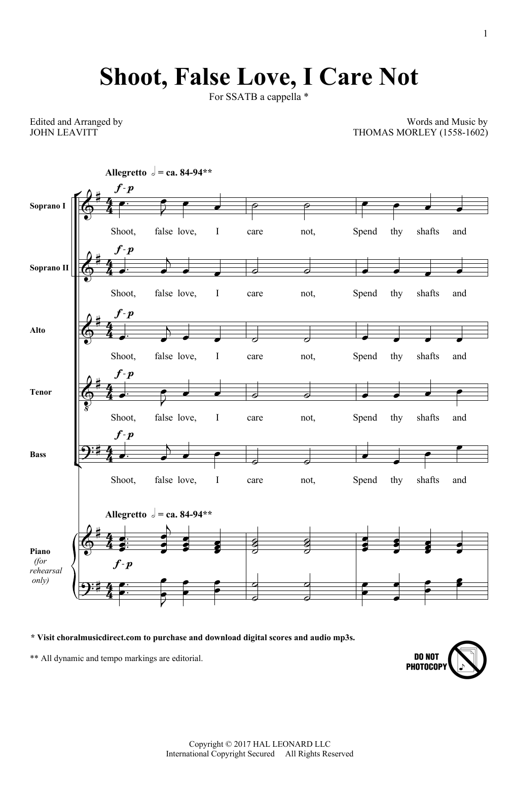 Learn to play John Leavitt Shoot, False Love, I Care Not sheet music for SATB Choir in minutes. Price: 3.9900$ John Leavitt Shoot, False Love, I Care Not sheet music notes and chords arranged for SATB Choir