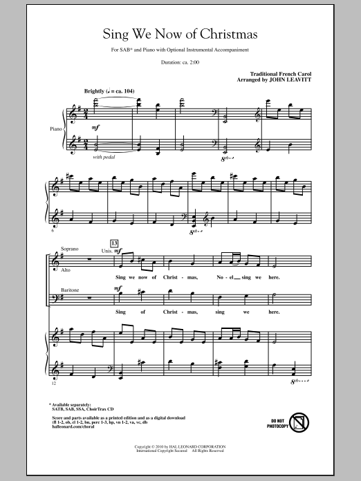 John Leavitt Sing We Now Of Christmas sheet music notes and chords. Download Printable PDF.