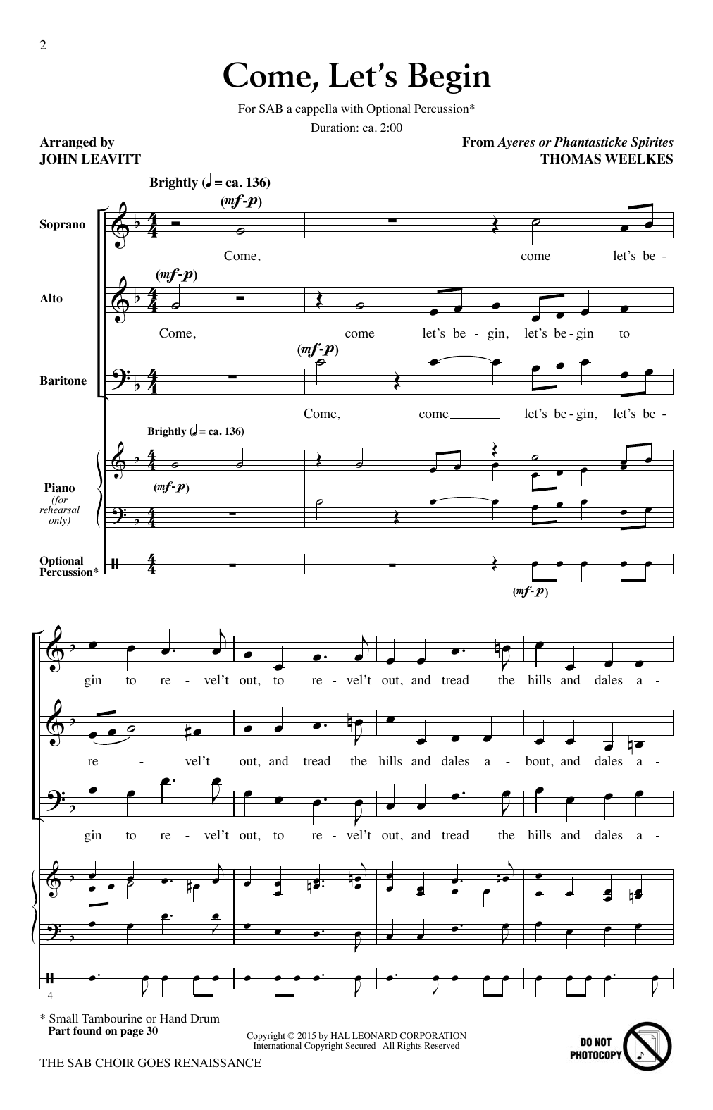 Learn to play John Leavitt The SAB Choir Goes Renaissance sheet music for SAB Choir in minutes. Price: 4.7900$ John Leavitt The SAB Choir Goes Renaissance sheet music notes and chords arranged for SAB Choir