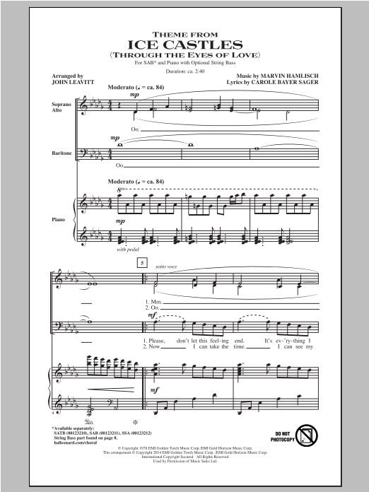 Marvin Hamlisch Theme From Ice Castles (Through The Eyes Of Love) (arr. John Leavitt) sheet music notes and chords. Download Printable PDF.