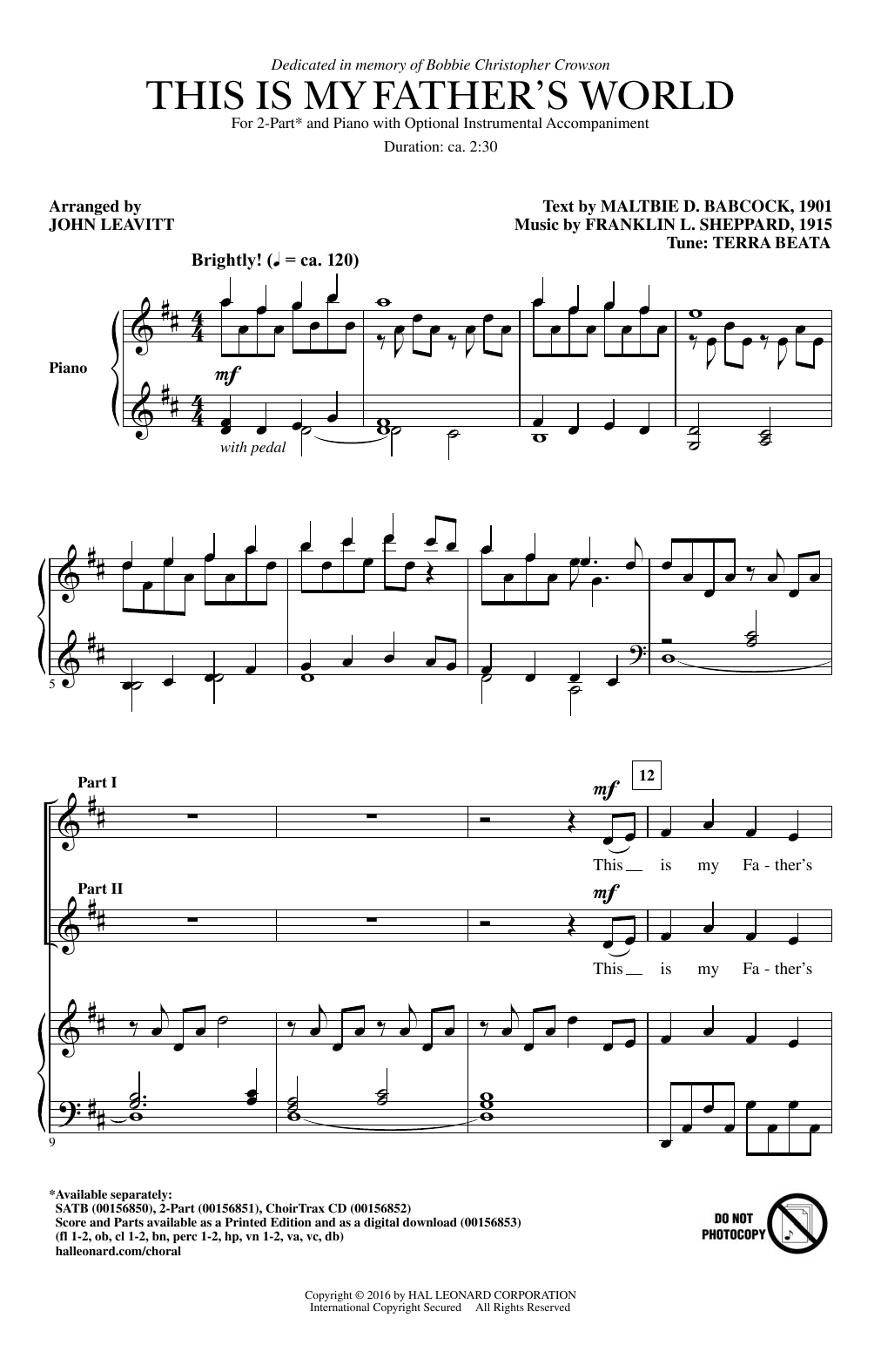 John Leavitt This Is My Father's World sheet music notes and chords. Download Printable PDF.