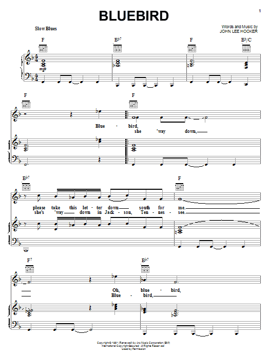 Learn to play John Lee Hooker Bluebird sheet music for Piano, Vocal & Guitar Chords (Right-Hand Melody) in minutes. Price: 7.8900$ John Lee Hooker Bluebird sheet music notes and chords arranged for Piano, Vocal & Guitar Chords (Right-Hand Melody)