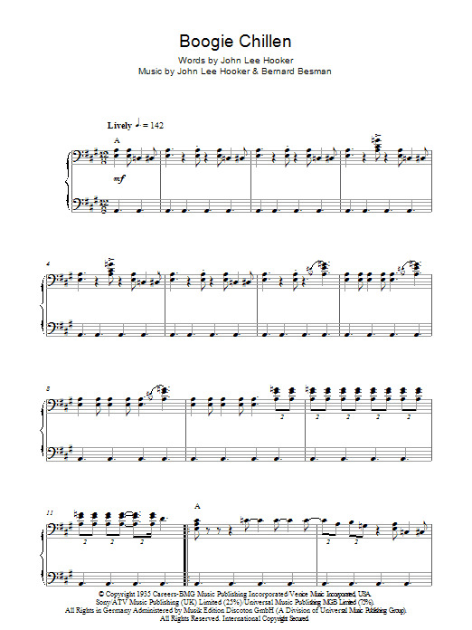 John Lee Hooker Boogie Chillen sheet music notes and chords arranged for Piano Solo