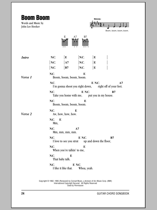 John Lee Hooker Boom Boom sheet music notes and chords. Download Printable PDF.