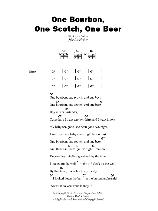 John Lee Hooker One Bourbon, One Scotch, One Beer sheet music notes and chords. Download Printable PDF.