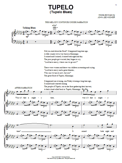 Learn to play John Lee Hooker Tupelo (Tupelo Blues) sheet music for Piano, Vocal & Guitar Chords (Right-Hand Melody) in minutes. Price: 7.8900$ John Lee Hooker Tupelo (Tupelo Blues) sheet music notes and chords arranged for Piano, Vocal & Guitar Chords (Right-Hand Melody)