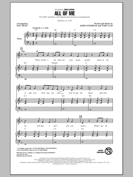 John Legend All Of Me (arr. Mac Huff) sheet music notes and chords arranged for 2-Part Choir