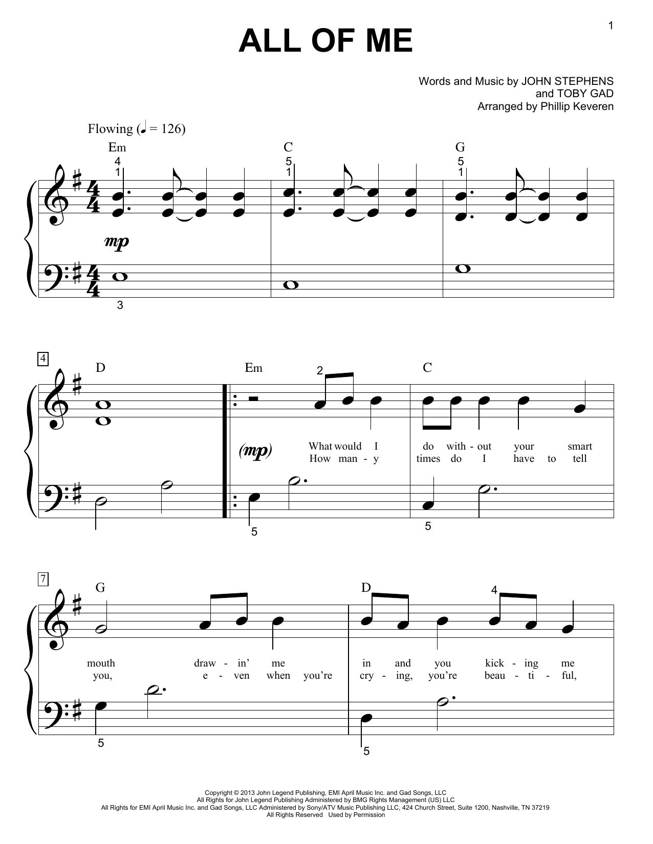 John Legend All Of Me sheet music notes and chords arranged for Big Note Piano