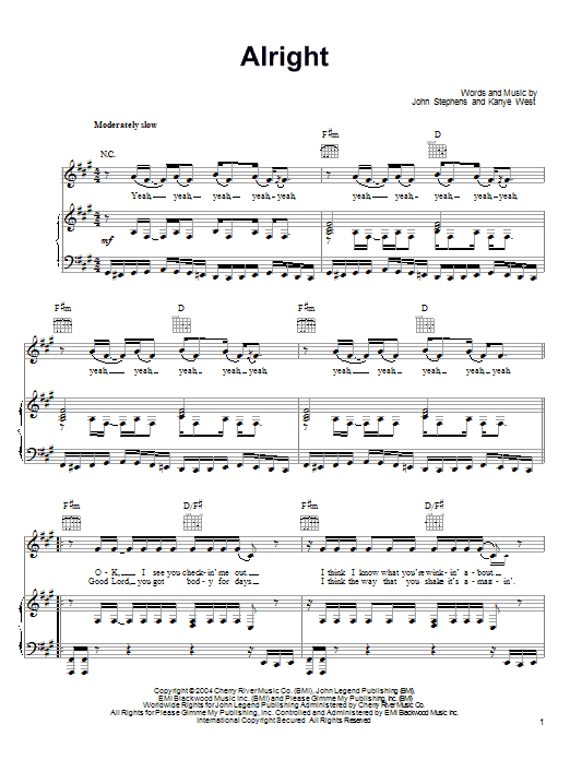 John Legend Alright sheet music notes and chords arranged for Piano, Vocal & Guitar Chords (Right-Hand Melody)