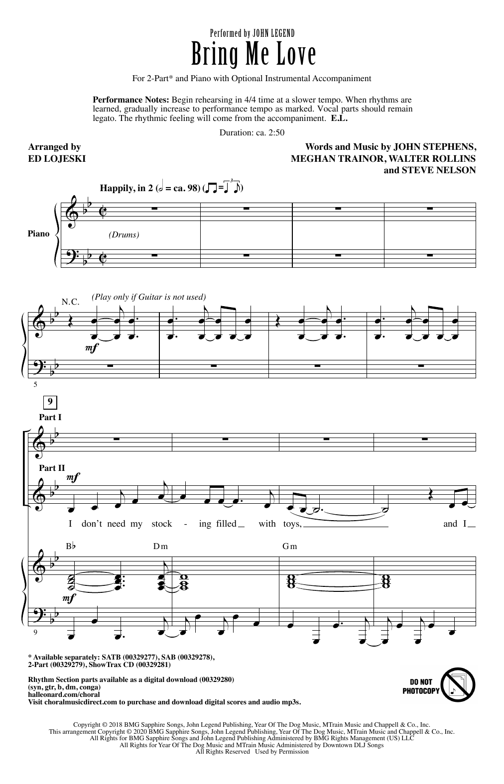 John Legend Bring Me Love (arr. Ed Lojeski) sheet music notes and chords. Download Printable PDF.