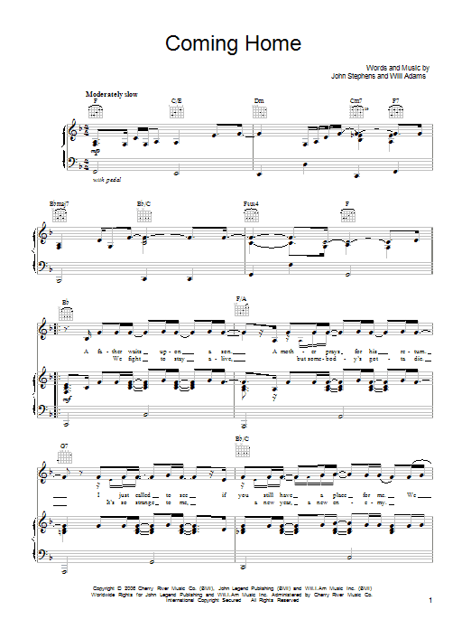 Learn to play John Legend Coming Home sheet music for Piano, Vocal & Guitar Chords (Right-Hand Melody) in minutes. Price: 7.8900$ John Legend Coming Home sheet music notes and chords arranged for Piano, Vocal & Guitar Chords (Right-Hand Melody)