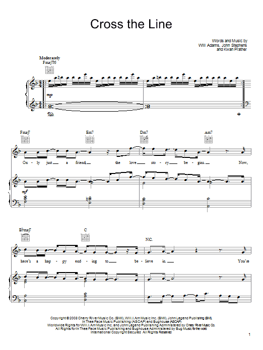 John Legend Cross The Line sheet music notes and chords arranged for Piano, Vocal & Guitar Chords (Right-Hand Melody)