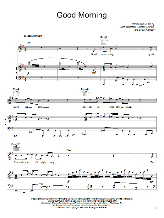 John Legend Good Morning sheet music notes and chords arranged for Piano, Vocal & Guitar Chords (Right-Hand Melody)