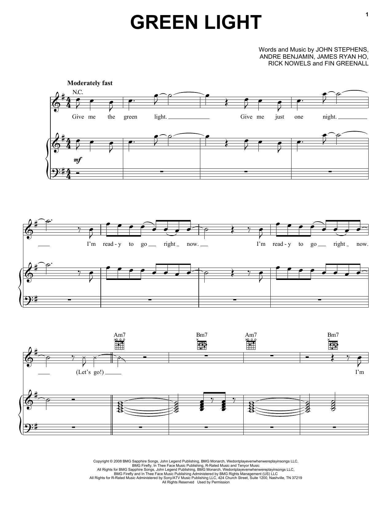 John Legend Green Light sheet music notes and chords arranged for Piano, Vocal & Guitar Chords (Right-Hand Melody)