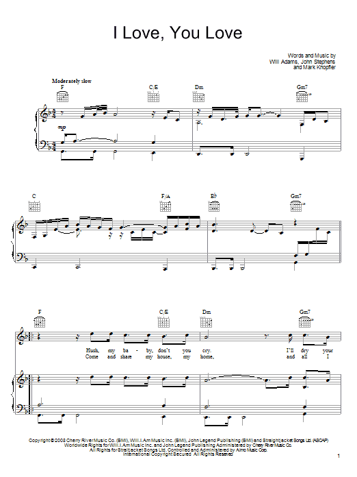 John Legend I Love, You Love sheet music notes and chords arranged for Piano, Vocal & Guitar Chords (Right-Hand Melody)